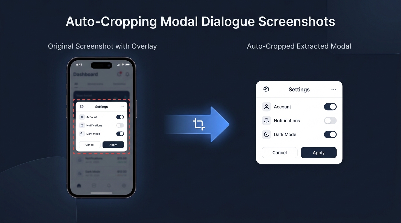 App 截圖只留彈窗：自動偵測中央 Modal 卡片，剔除大片深色背景遮罩