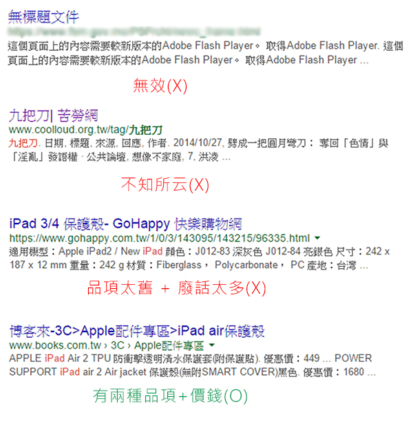 搜尋結果頁面(SERP)範例，網頁描述內容是很重要的一件事