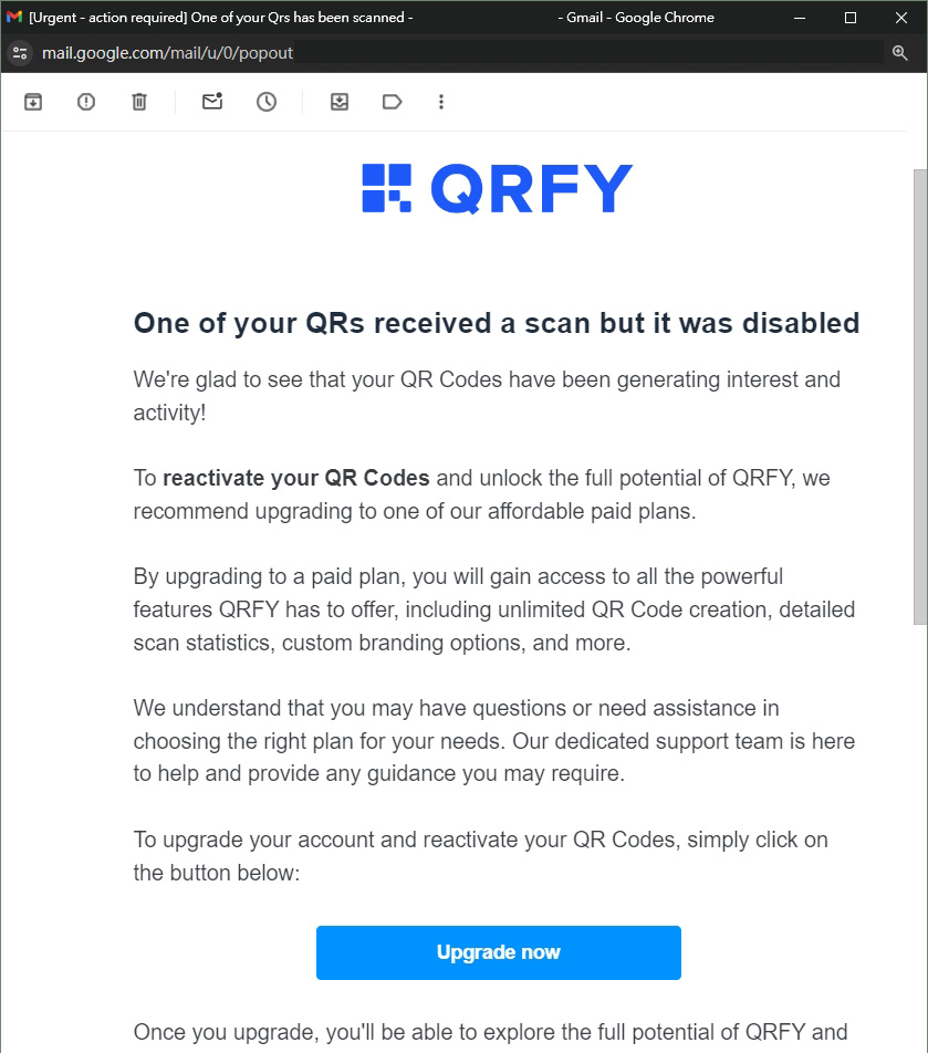 Qrfy Mail - One of your QRs received a scan but it was disabled